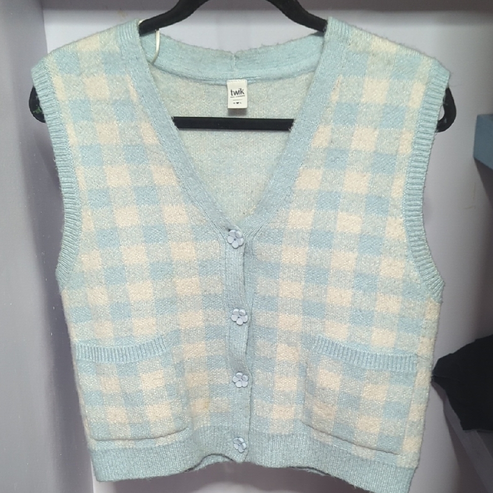 Simons Light Blue and Cream Checkered Cardigan Vest